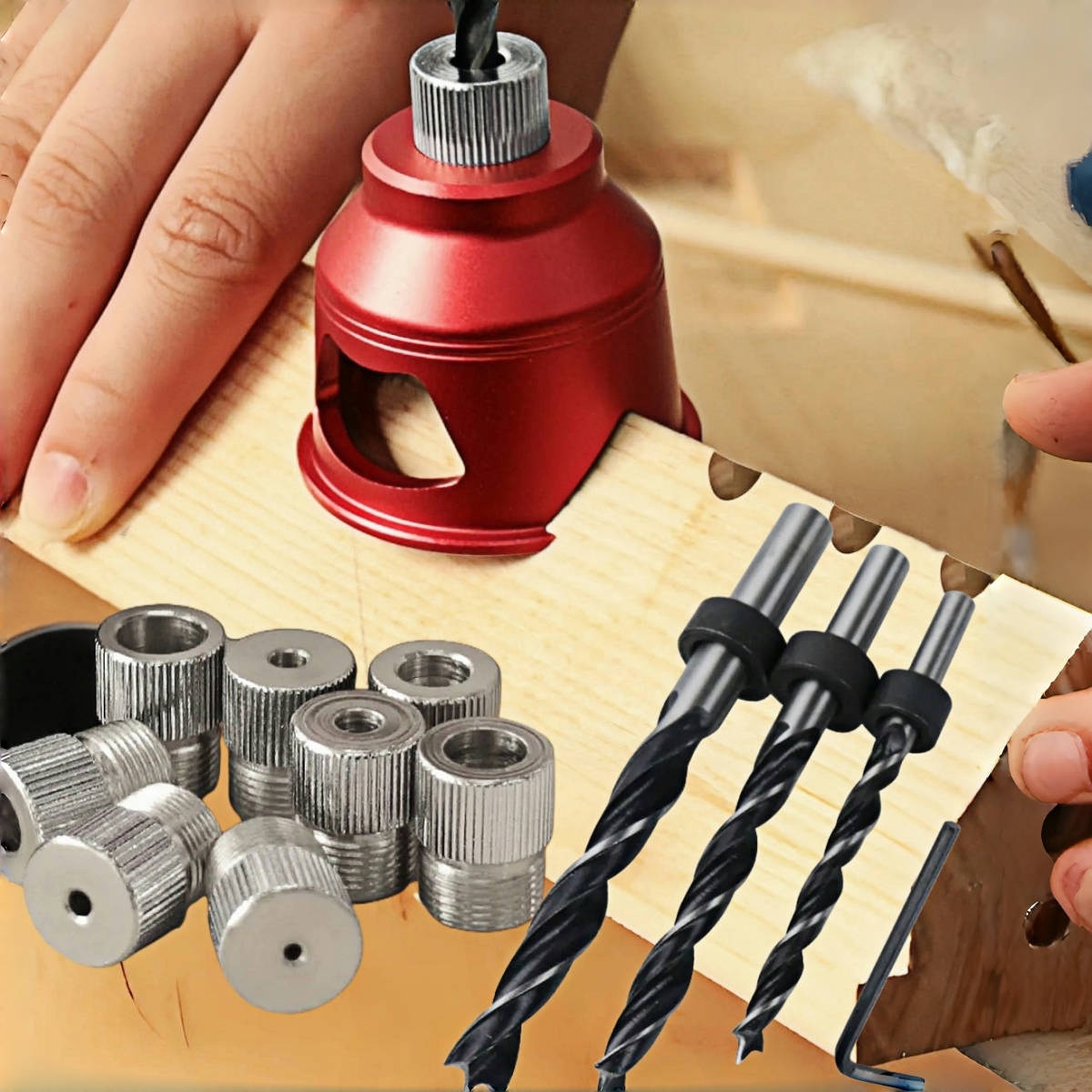 90° Self-Centering Drill Straight Hole Drilling Jig, Aluminum Woodworking Positioner 3pcs/9pcs Steel Bushing with 3 Drill Bits