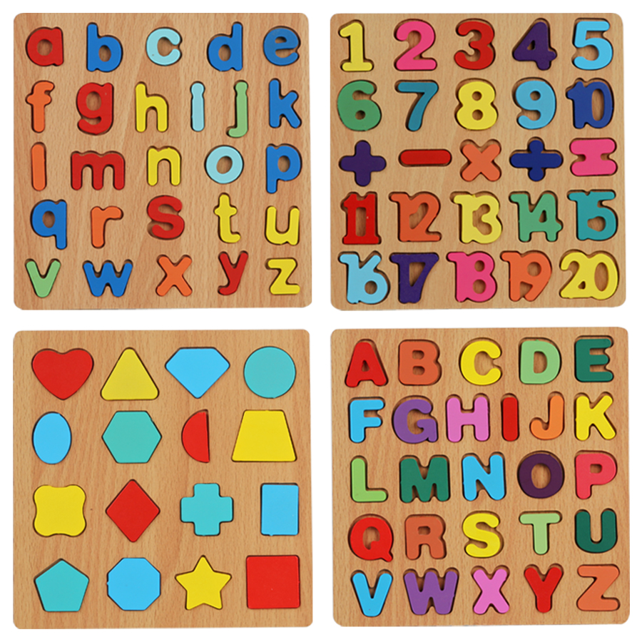 Colorful Alphabet Number Shape Matching Wooden Early Educational Toys Board 3D Puzzle Kids Montessori Preschool Children