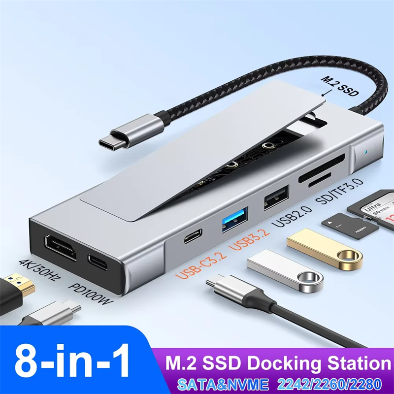 8 in 1 USB Hub M.2 NVMe SATA SSD Enclosure Storage Adapter USB 3.2 Type-c 4K HDMI Docking Station For Laptop Macbook Air M1 M2