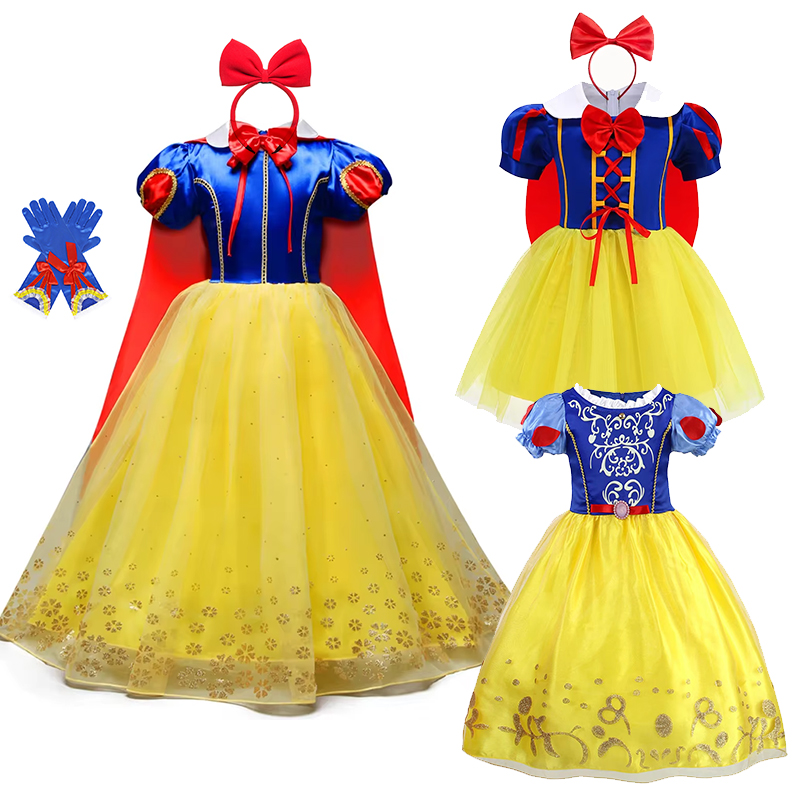 Girls Role Play Fantasy Birthday Dress Snow White Costume Deluxe Princess Ball Gown Frock Halloween Purim Robe Outfits