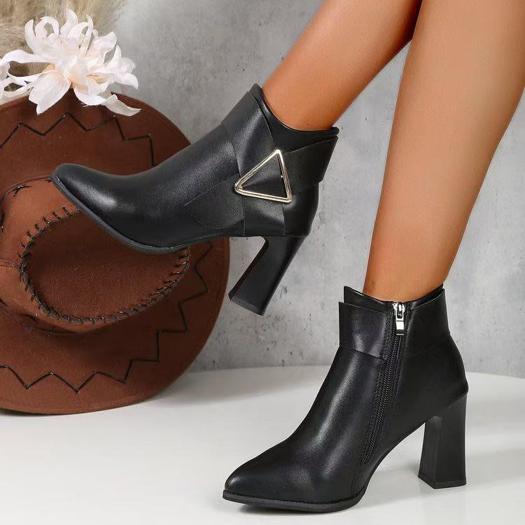 ZYRA WOMEN'S BLACK GOLD-ACCENT BLOCK-HEEL ANKLE BOOTS