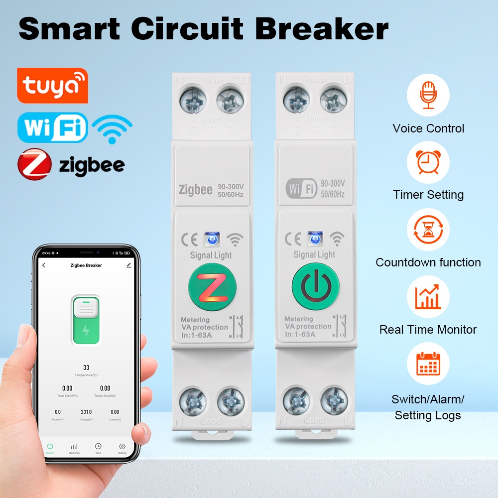 1P 2P 1-63A Tuya WiFi ZigBee Smart Switch Energy Meter Circuit Breaker kWh Voltage Current Leakage Protection Remote Control