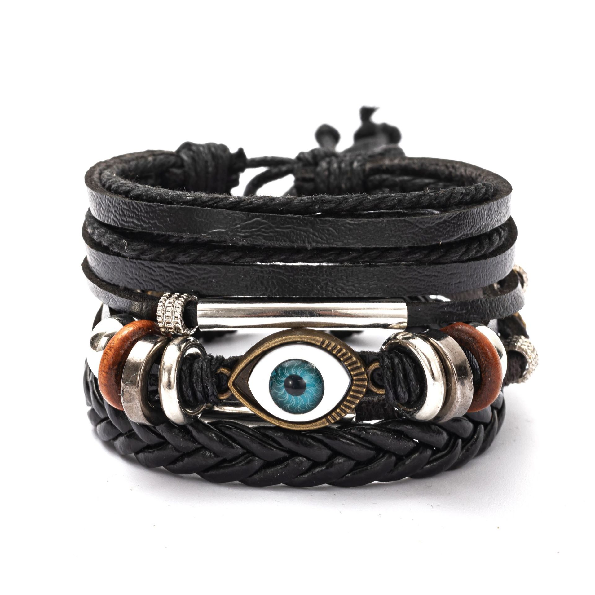 Leather Bracelet For Men The New Fashion Diy Four-Piece Combination Black Commuter Leather Wristband Braided Eye Bracelet