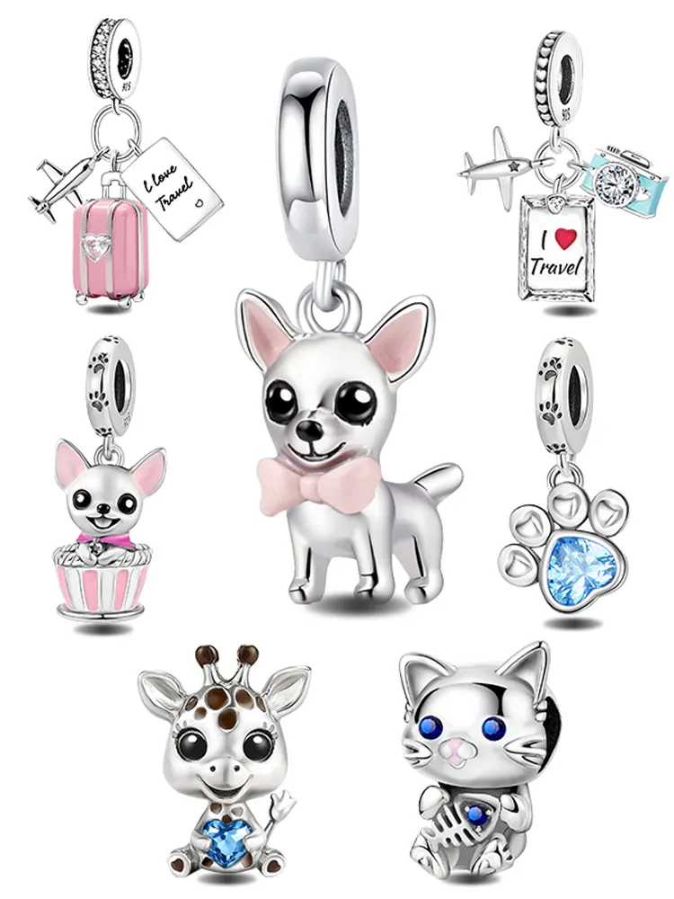 925 Silver Color Cute Pink Puppy Barbell Charms Bead Diy Bracelet Necklace Making Of High Quality Fashion Jewelry For Womens
