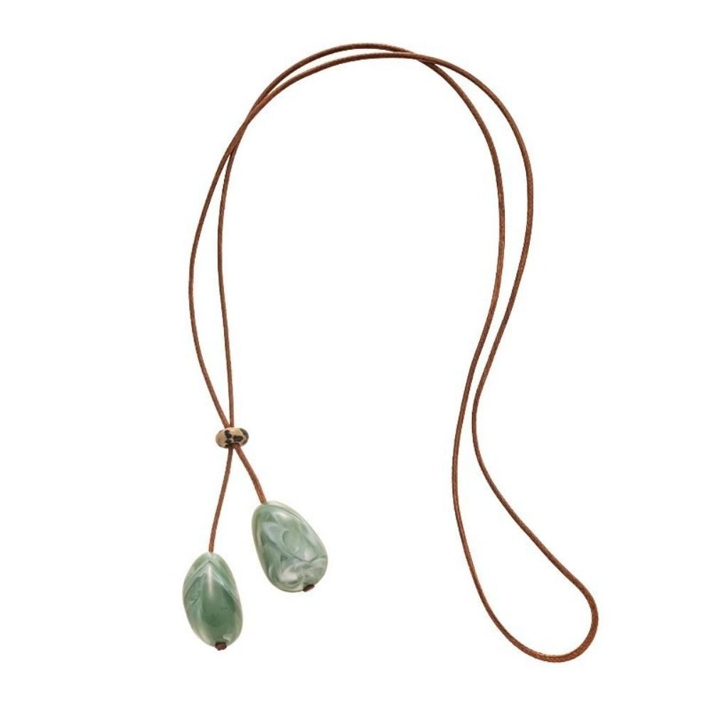 Vintage Adjustable Chain Stone Pendant Necklace Chinese Style Simple Design Long Chain Long Oval Necklace Daily Wear