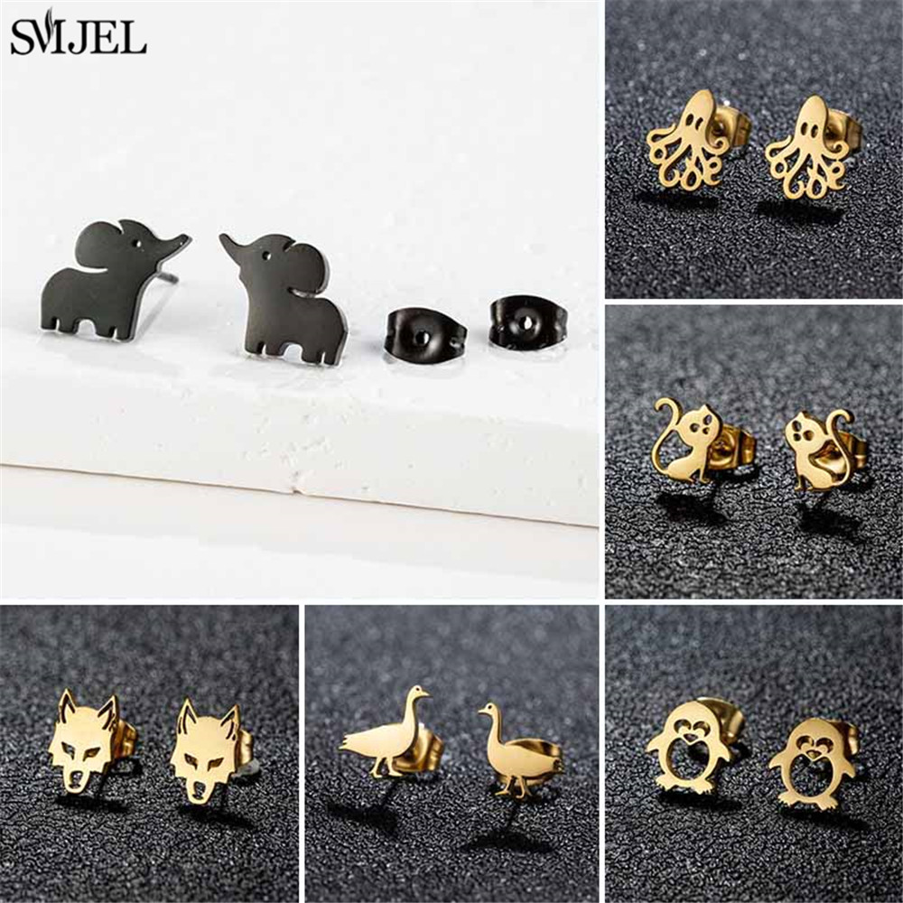 Cute Animal Stainless Steel Stud Earrings Fashion Elephant Penguin Cat Octopus Shape Earring Piercing Jewelry pen gpt