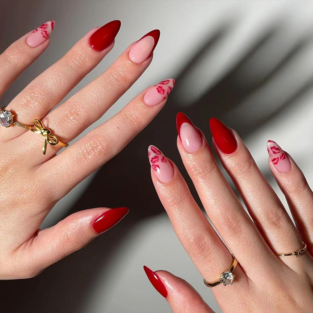 24pcs almond French tip Press on Nails Medium lip print pattern design Acrylic Fake Nail set, contain 1pcs Jelly Glue and 1pcs N