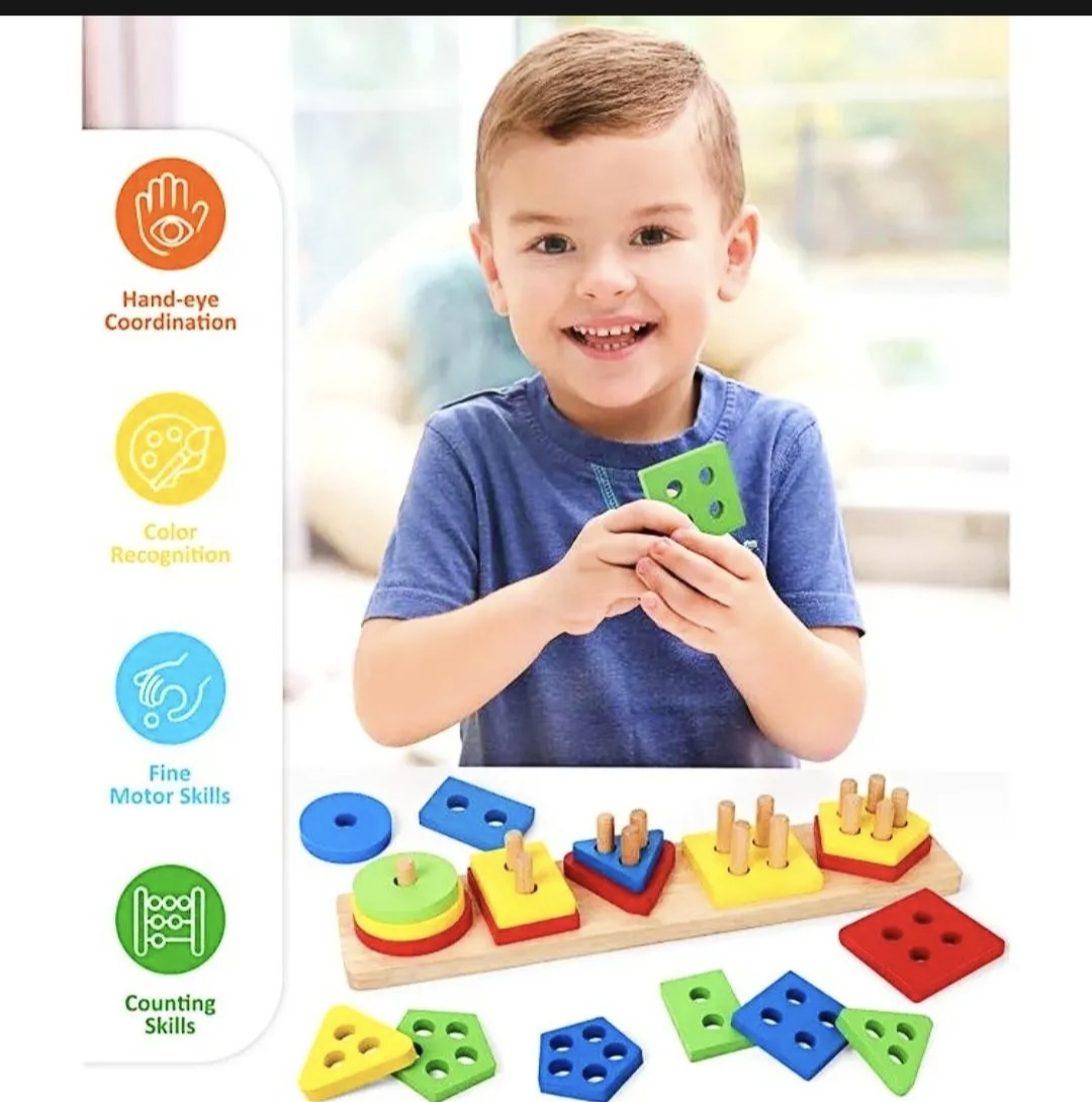 Wooden Montessori 5 Shapes Sorting & Stacking Board Puzzle Toy - Colorful Geometric Educational Learning for Kids