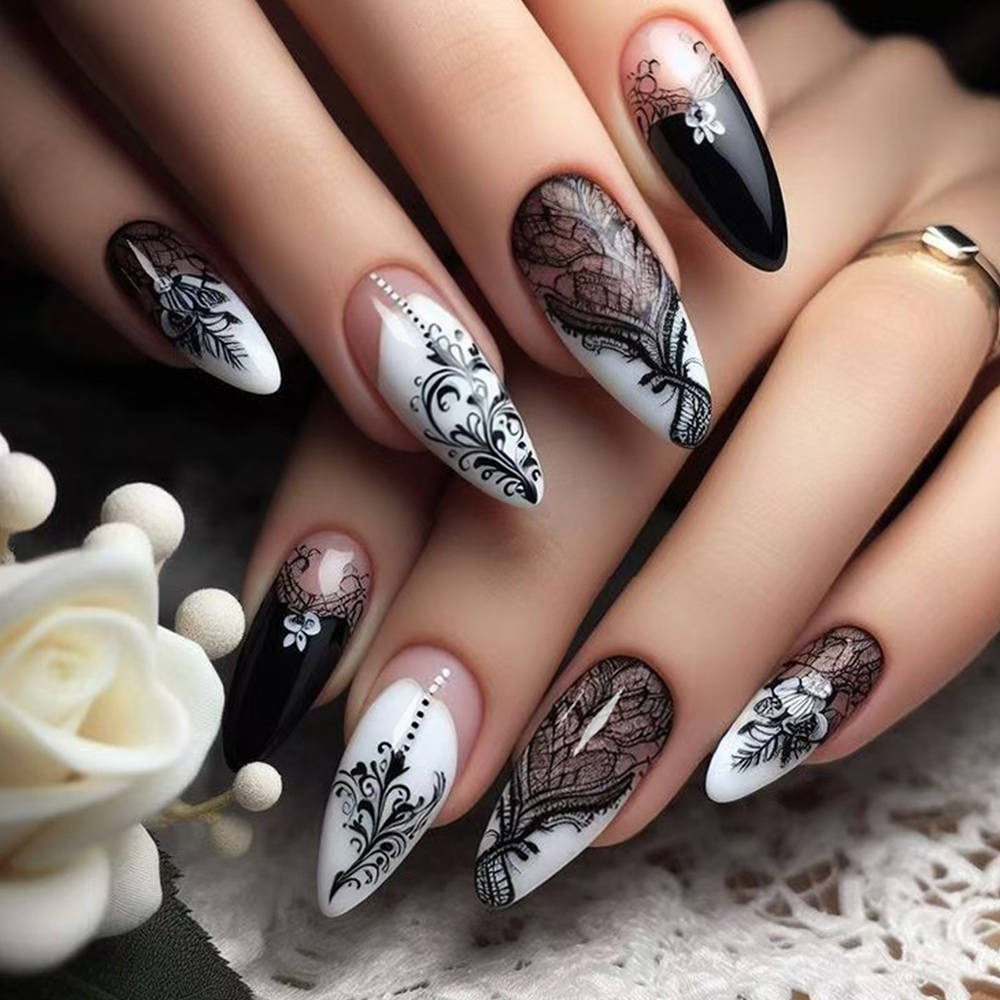 Elevate Your Style with, 24pcs Long almond French Tip Press On Nails Medium With pattern Fit Perfectly design Acrylic False Nail