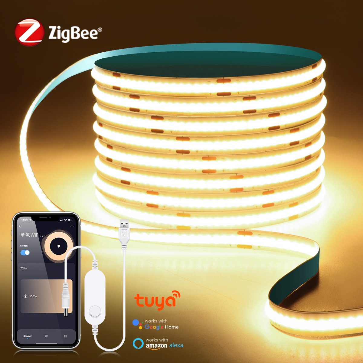 Smart Switch ZigBee COB LED Lights Strip Tuya Alexa USB 5V Dimmable Neon Tape Room Cabinet Car Decor TV Backlight WIFI Lamp 1-5M lightify