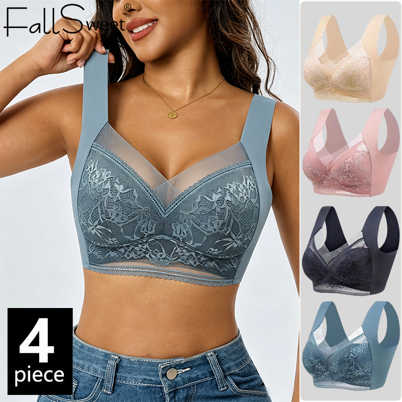 FallSweet 4PCS Plus Size Wireless Front Button Bra for Women Seamless Breathable Bralette Comfor Underwear Female Lingerie