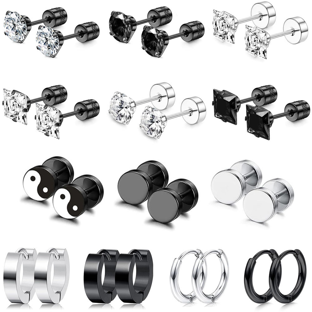 1 Pair/13 Pairs Punk Fashion Surgical Stainless Steel Hypoallergenic Stud Earring Screw Back Stud Hoop Earring Set for Men Women