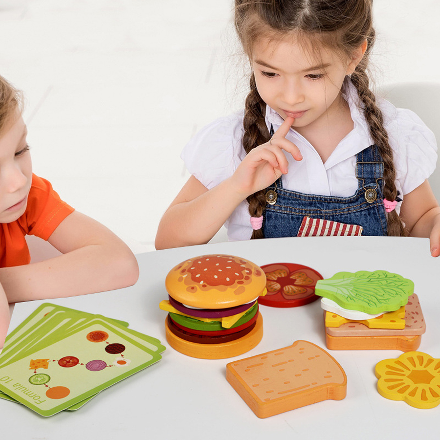 Montessori Wooden Burger Stacking Toys for Toddlers Kids Preschool Educational Toys Play Food Matching Birthday Toy For Kids