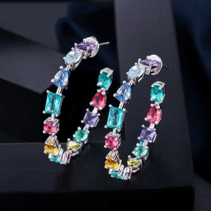 Huitan Big Rainbow CZ Hoop Earrings for Women Fashion Geometric Cubic Zircon Luxury Female Accessories Wedding Party New Jewelry