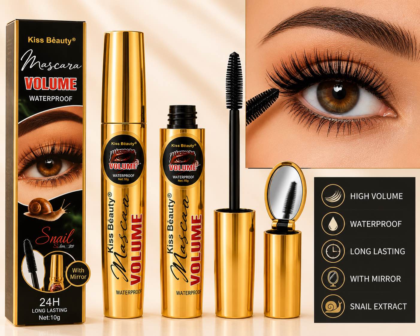 Kiss-Beauty Snail Volume Mascara with Mirror - Waterproof | Long Lasting | High Volume | Smudge-Proof | Curling & Lengthening | Black
