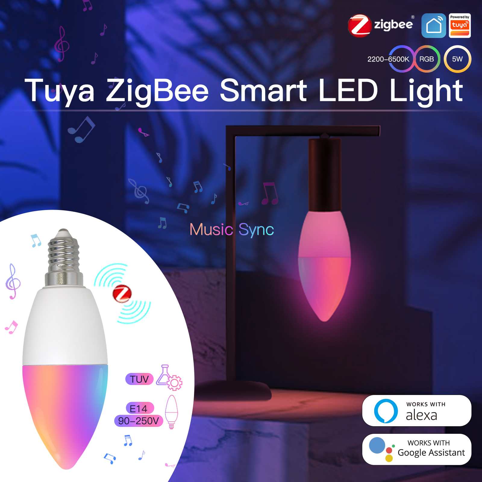 MOES Zigbee LED Light Bulb E14 Candle Lamp Smart 5W RGBCCT 2200-6500K Dimmable Tuya Alexa Voice Control