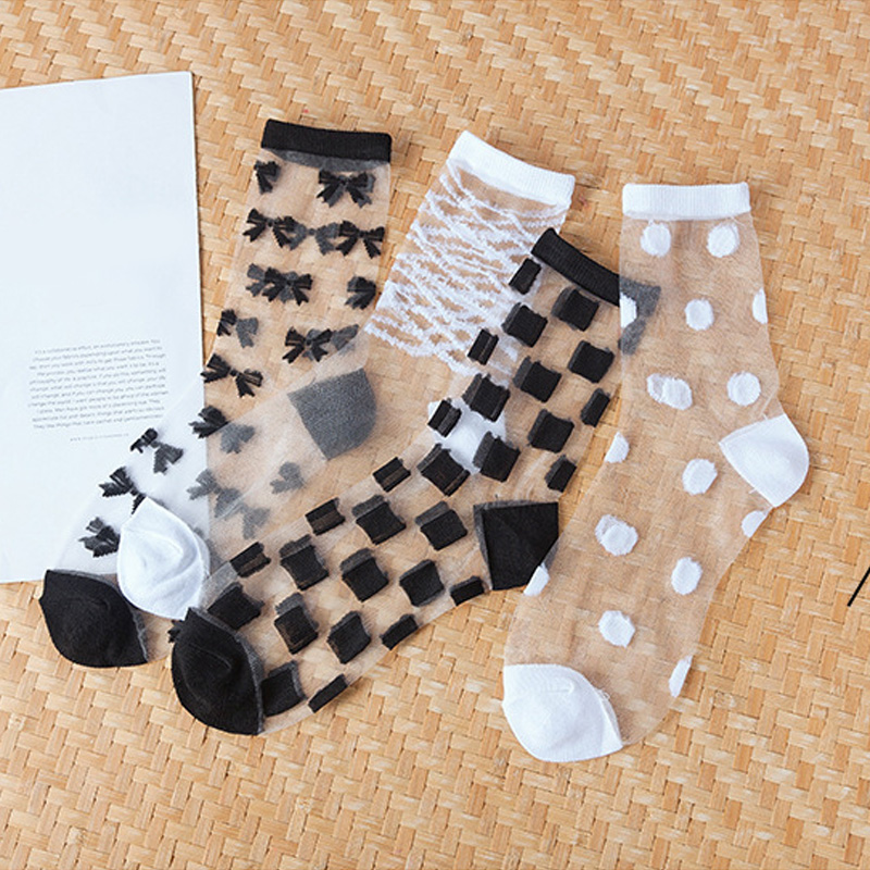 1 Pair Breathable Ultra Thin Socks Summer Women Transparent Lace Silk Crystal Black White Girls Elastic Short Socks Female