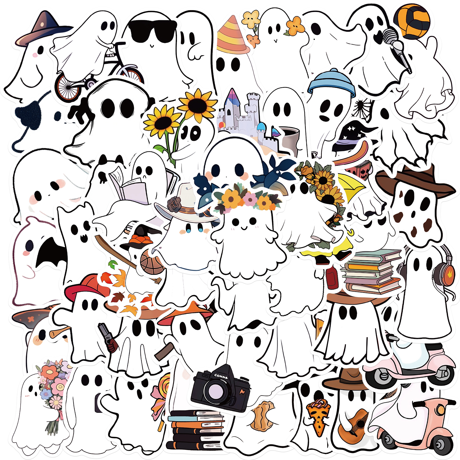 50pcs Playful Ghost Stickers Cute White Flower Ghost PVC Sticker for Phone Cases Luggage Notebooks Durable Ghost Decor