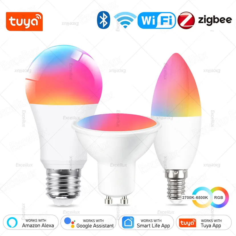 Tuya E27 E14 GU10 Bulb WiFi/Zigbee/Bluetooth,Dimmable Light LED Lamp 2700-6500K RGB,Smart Led Light Bulb Works With Alexa Amazon lightify