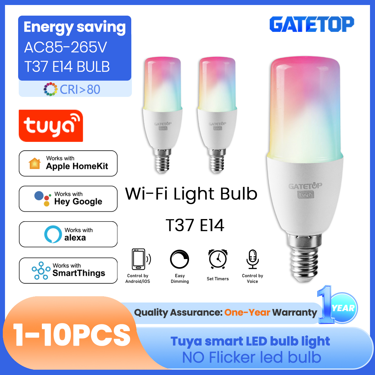 1-10PCS T37 E14 Wifi LED Bulb Smart RGB Tuya Light 6W CW WW Candle Lamp with Alexa Home Yandex Alice Smartthings