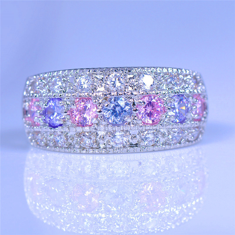 Luxury Female Crystal Pink Stone Ring Trendy Silver Color Engagement Wedding Jewelry