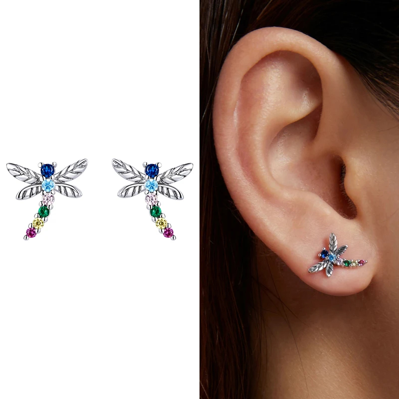 Design Animals Dragonfly Stud Earrings For Women Metal Inlay Color Zircon Daily Earrings Cute Fashion Anniversary Jewelry s