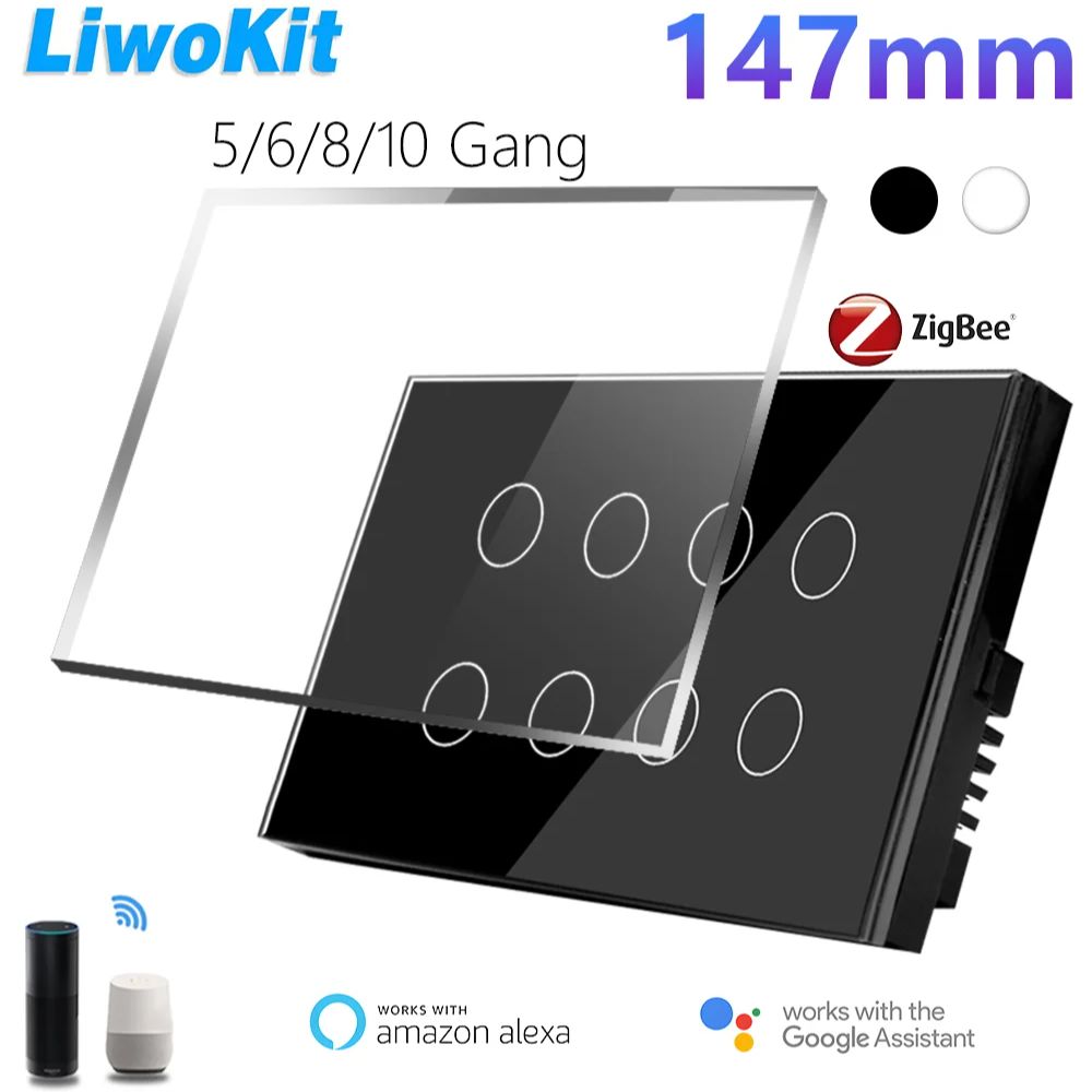 LiwoKit Zigbee Smart Light Switch 5/6/8/10 Gang Wall Touch Glass Panel Alexa Voice Control Home Live & Neutral Wire lightify