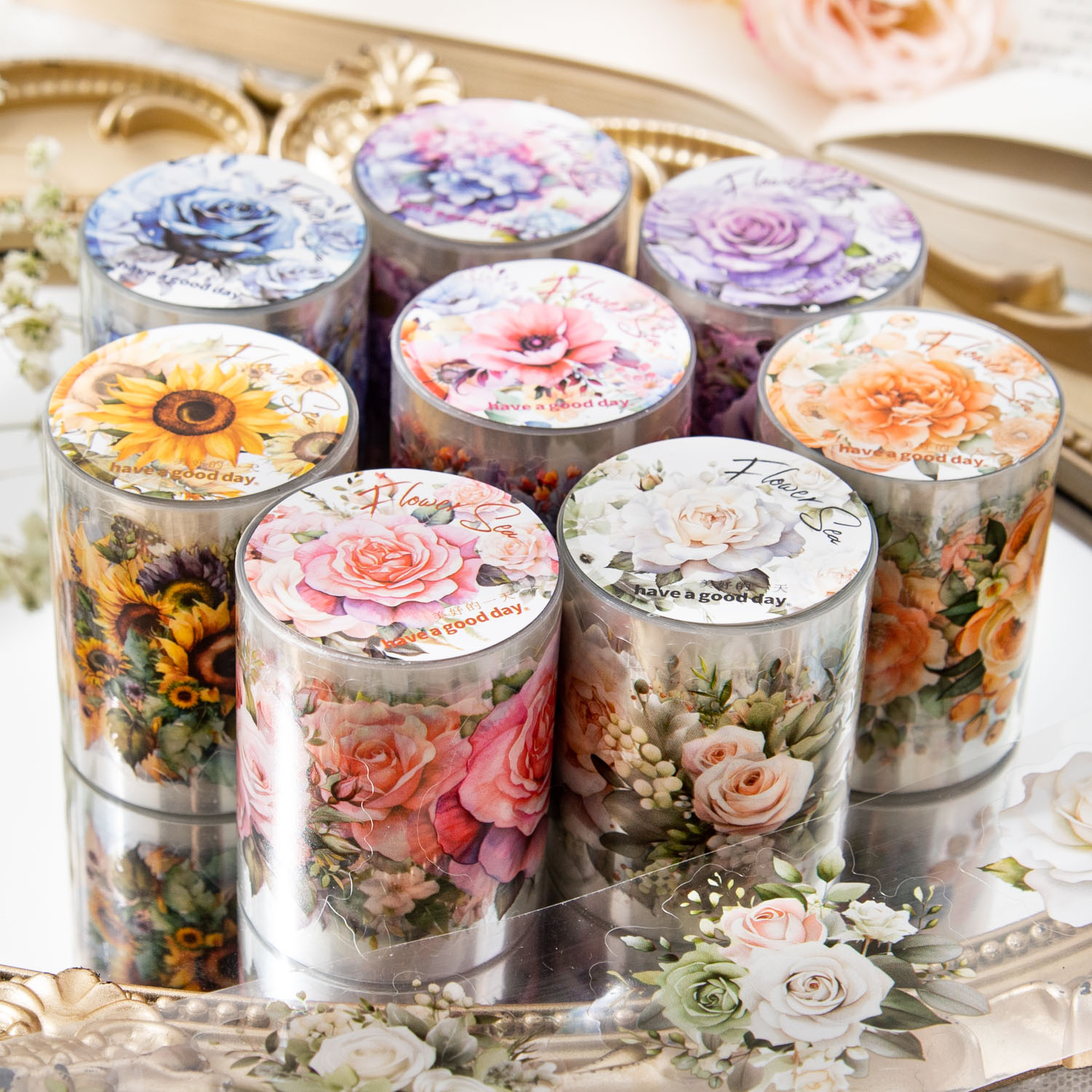 Yoofun 50mm*200cm Meeting The Sea of Flowers Vintage Plant Die-cutting PET Tape Creative DIY Journal Scrapbooking Masking Tape