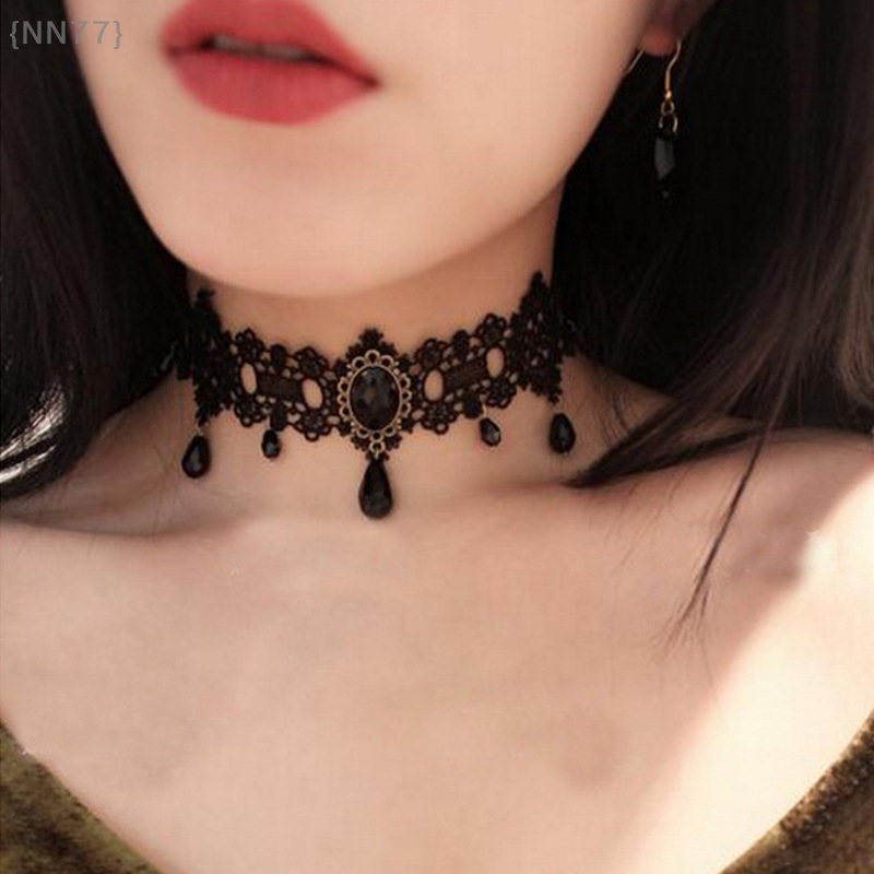 Halloween Gothic Choker Necklace - Lace Up Black Crystal Collar for Costume, Vampire Role Play & Party Accessories Gift
