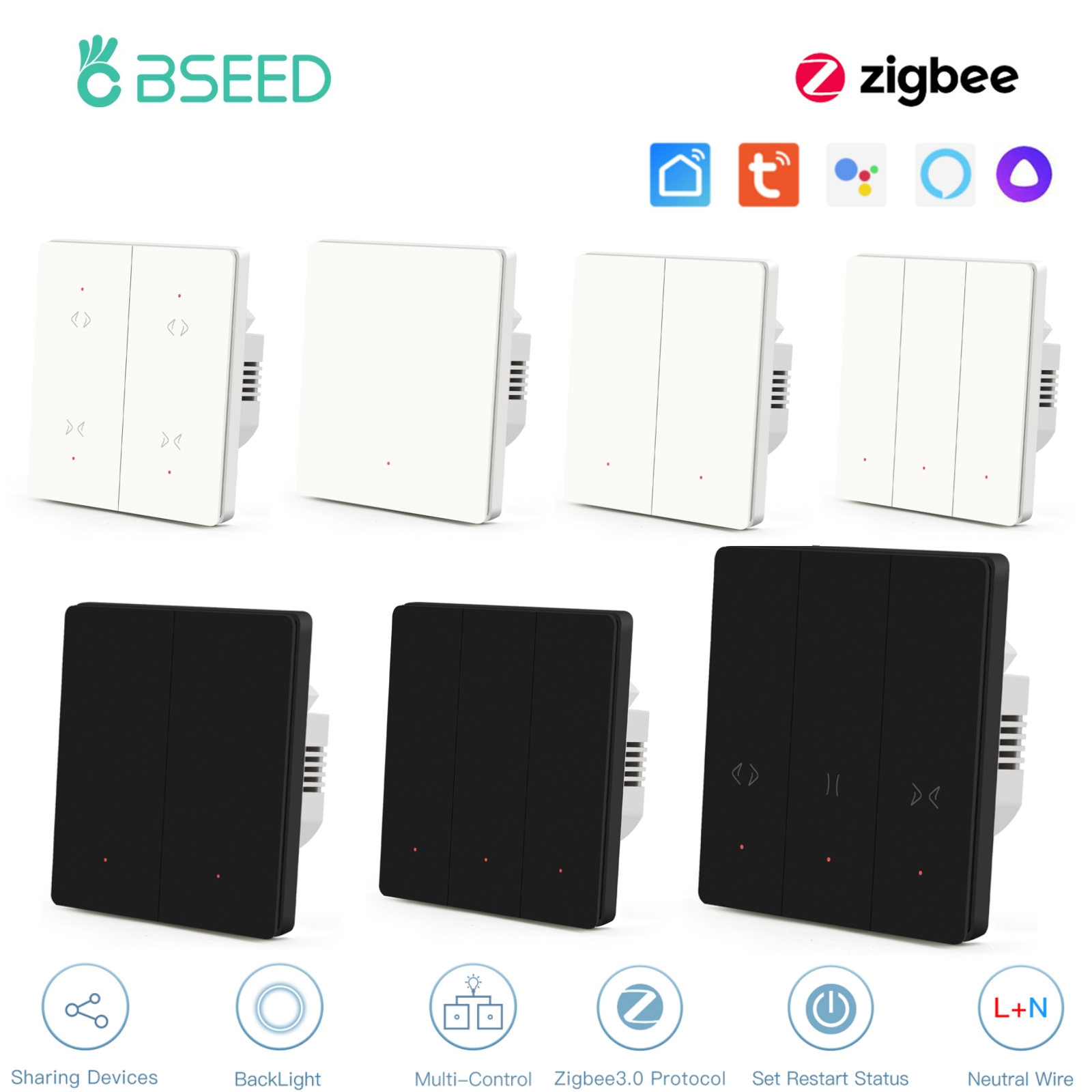 Bssed Smart Light Switch Zigbee Need Neutral Wire Switches Button Roller Curtain Switches Support Tuya Alexa Home Alice lightify