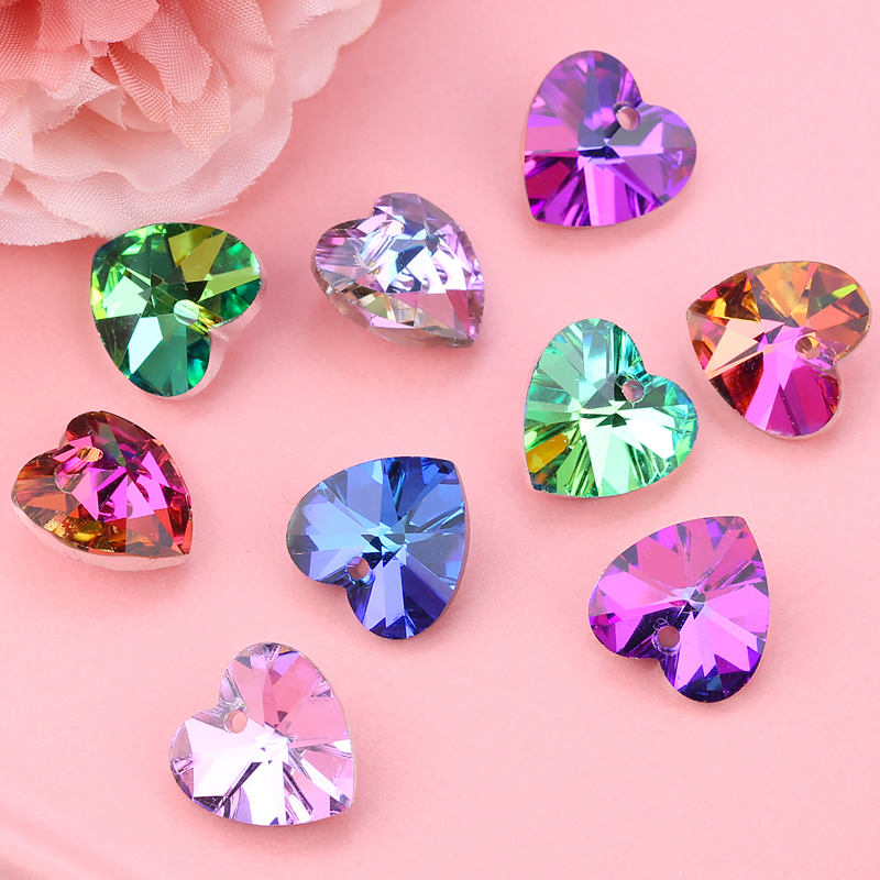 14mm Glass love heart pendant Colorful charms crystal heart beads gems for Women Jewellery Making Earring Necklace DIY 12pcs/lot