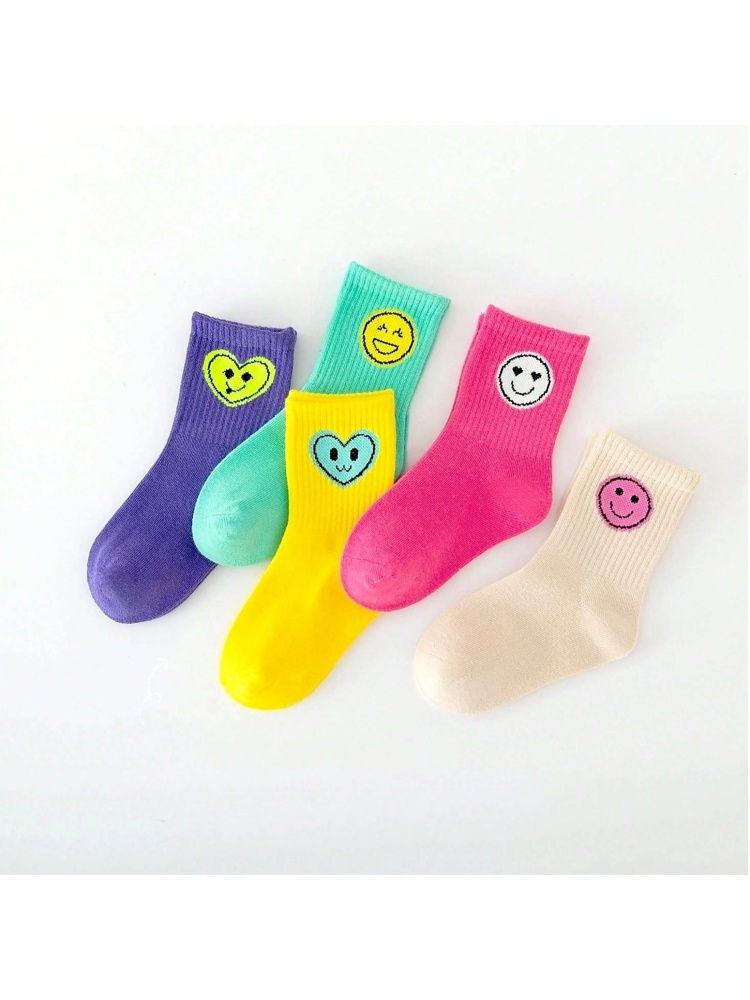 5 Pairs of New Four-Season Children's Socks with Smiley Face Expressions for Boys and Girls, Mid-Calf and High-Calf Socks