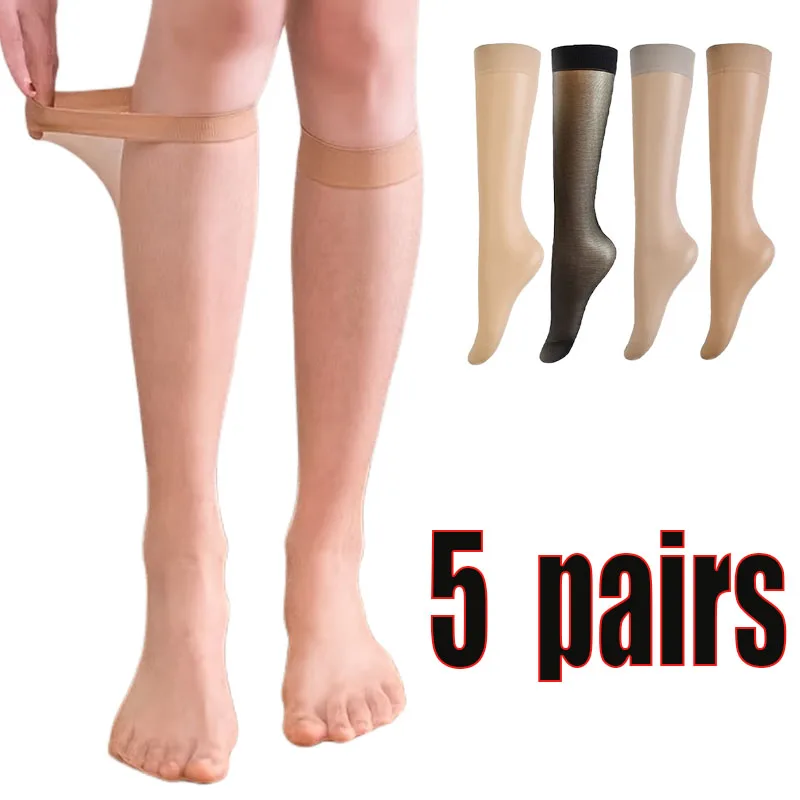 5pair Ladies Sheer Light Nylon Hosiery See Through Stretchy Women Knee High Socks Premium Long Stockings For Women Silky Smooth