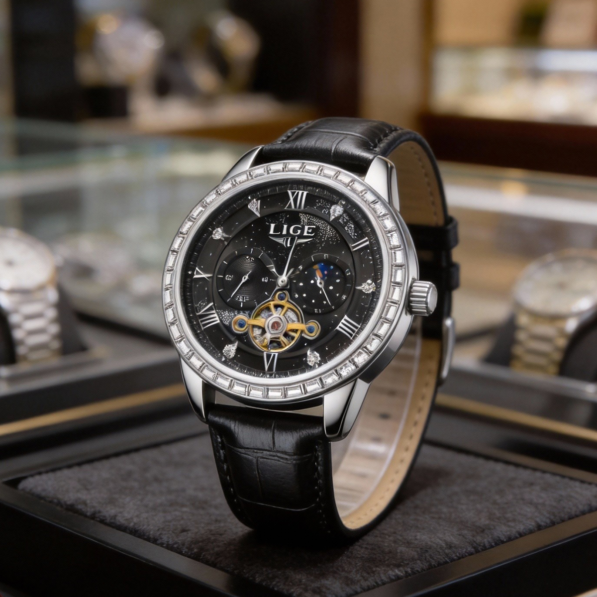 LIGE Men's Watch Fashion Moon Phase Mechanical Watch For Men Waterproof Roman Scale Hollow Flywheel Automatic Hand Clock