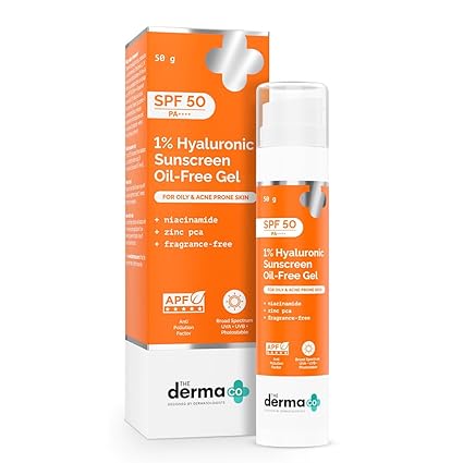 The Derma Co 1% Hyaluronic Sunscreen Oil-Free Gel SPF 50 PA++++ | Lightweight Texture | Non-Greasy | UVA/UVB, Broad Spectrum Protection & Blue Light Protection | For Men & Women | 50 gm