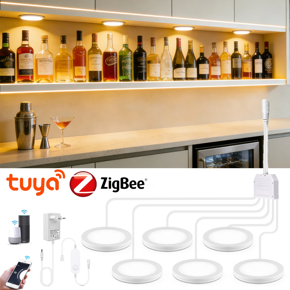 Tuya Zigbee Smart LED Under Cabinet Lighting Kit Voice Control Dimmable Puck Lights for Kitchen Closet Wardrobe Ceiling Decor lightify