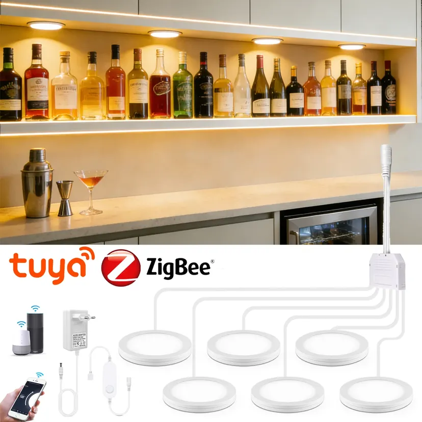 Tuya Zigbee Smart LED Under Cabinet Lighting Kit Voice Control Dimmable Puck Lights for Kitchen Closet Wardrobe Ceiling Decor lightify