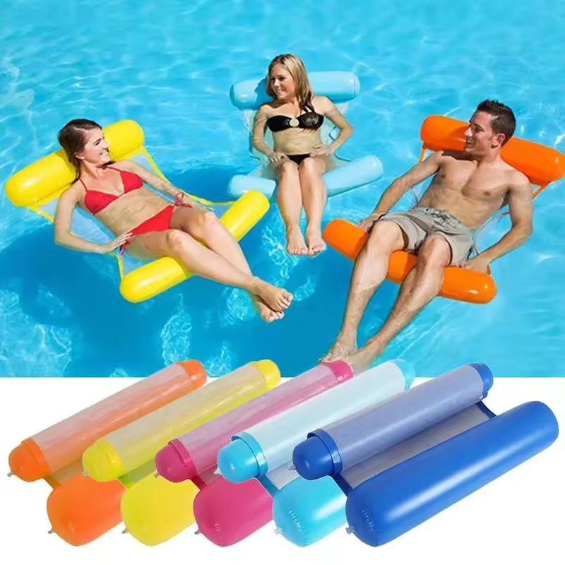 Portable Foldable Water Hammock Floating with Net Backrest Lounge Chair Striped Inflatable Water Bed Pool Party Toy