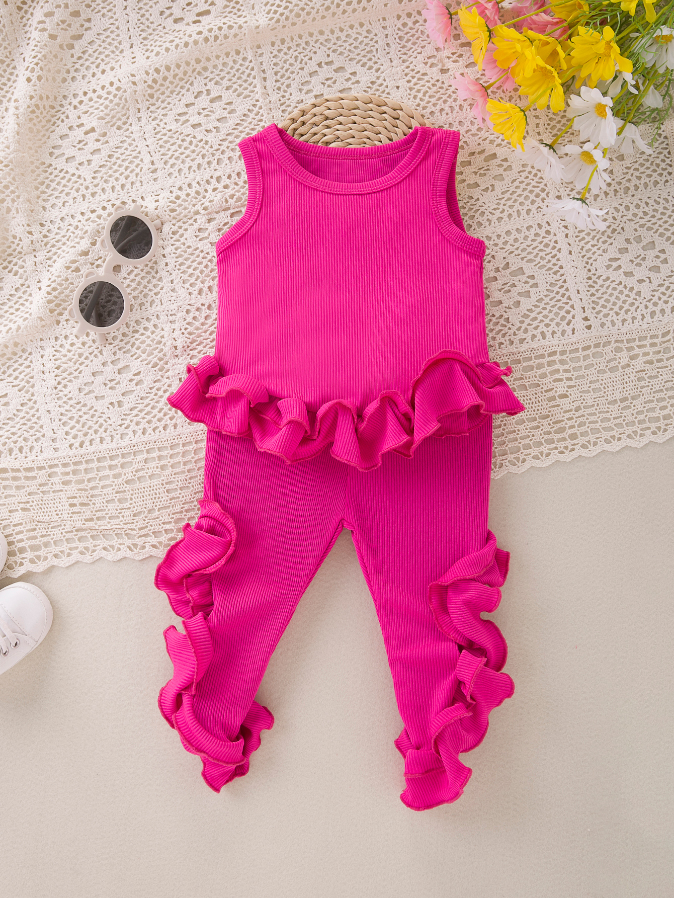 Baby Girl Spring & Summer New 2pcs Outfit Camisole Top+Pants Set Irregular Lace & Ruched Decoration Cute Casual Fashion Clothing