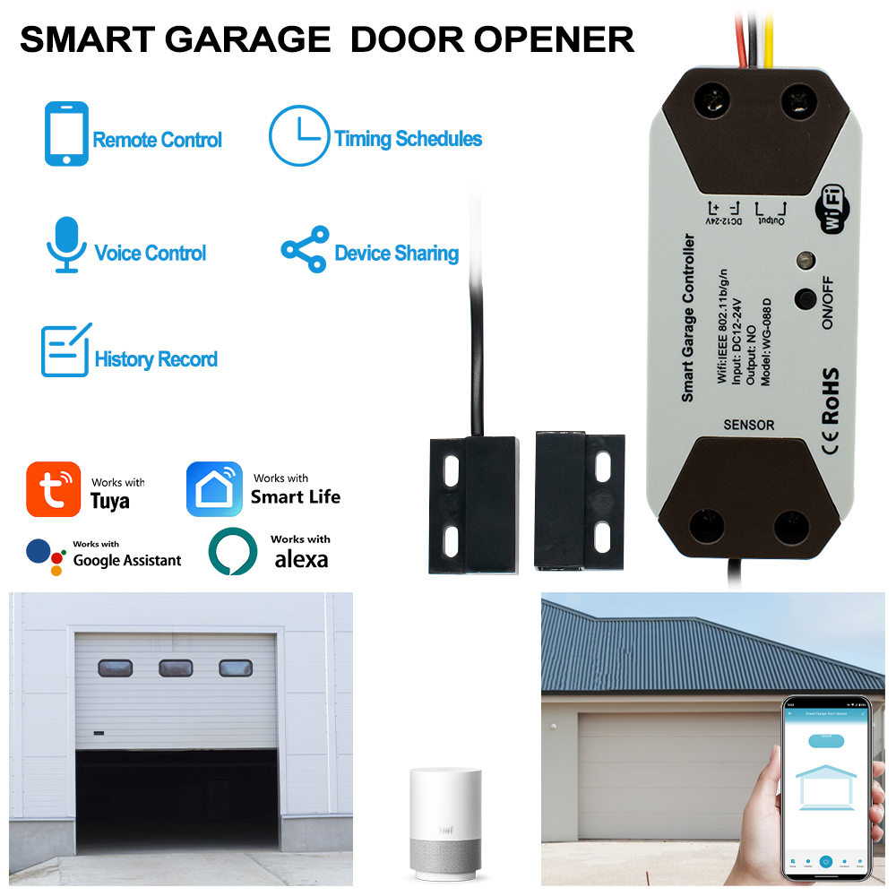 WIFI Tuya Smart Garage Door Opener Controller 12V/24V DC, Timer & Countdown Function, Real-Time Door Status, Alexa Home