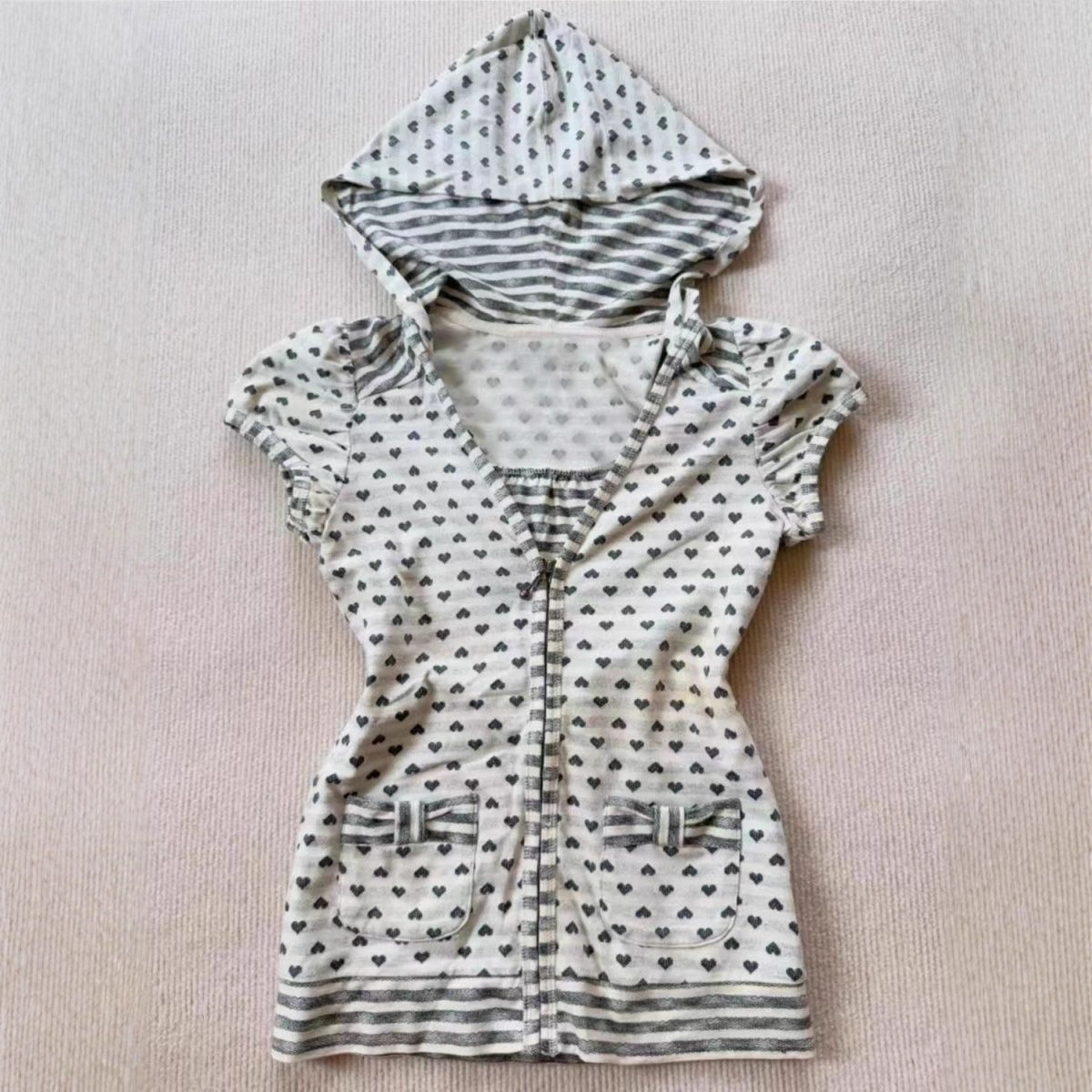 Y2K retro love polka dot print pattern ladies zipper hooded T-shirt slim waist backless spice girl style 2026 new T-shirt