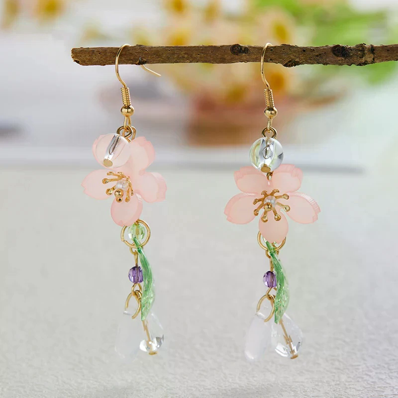 New Sale Sweet Romantic Pink Flower Leaves Earrings Women's Long Tassel Drop Earrings Elegant Holiday Party Accessories