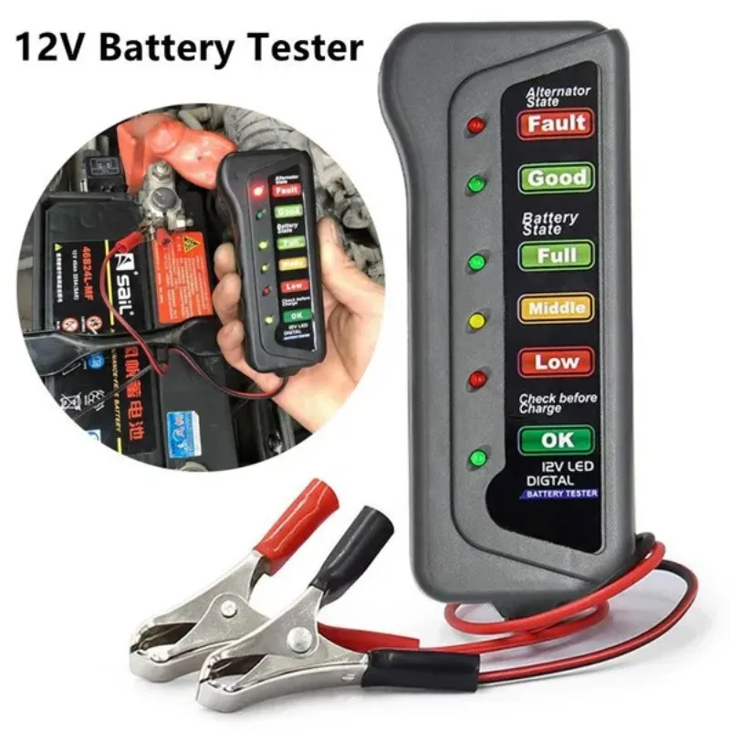 12V Digital Battery Tester 6 LED Lights Display Car Motorcycle Battery Testers