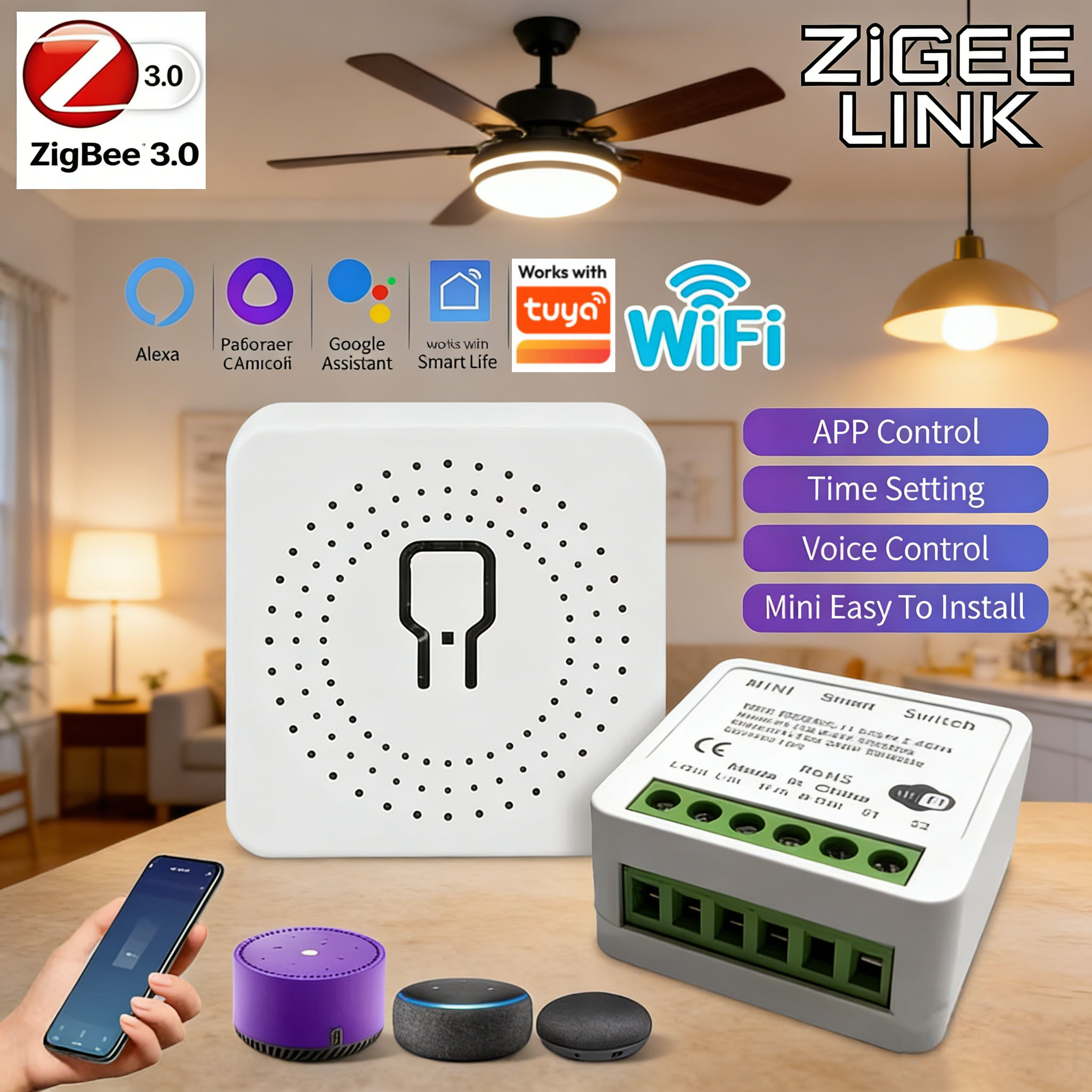 ZigBee or WiFi Smart Switch Module 16A/20A Mini Relay Breaker Smart Home Automation Works with Tuya Alexa