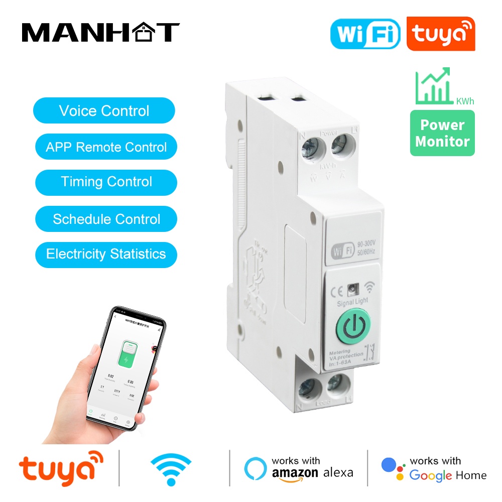 Manhot 1-63A WIFI Smart Switch Energy Meter Kwh Metering Monitoring Circuit Breaker Timer Support Tuya Smart Life Control Alexa