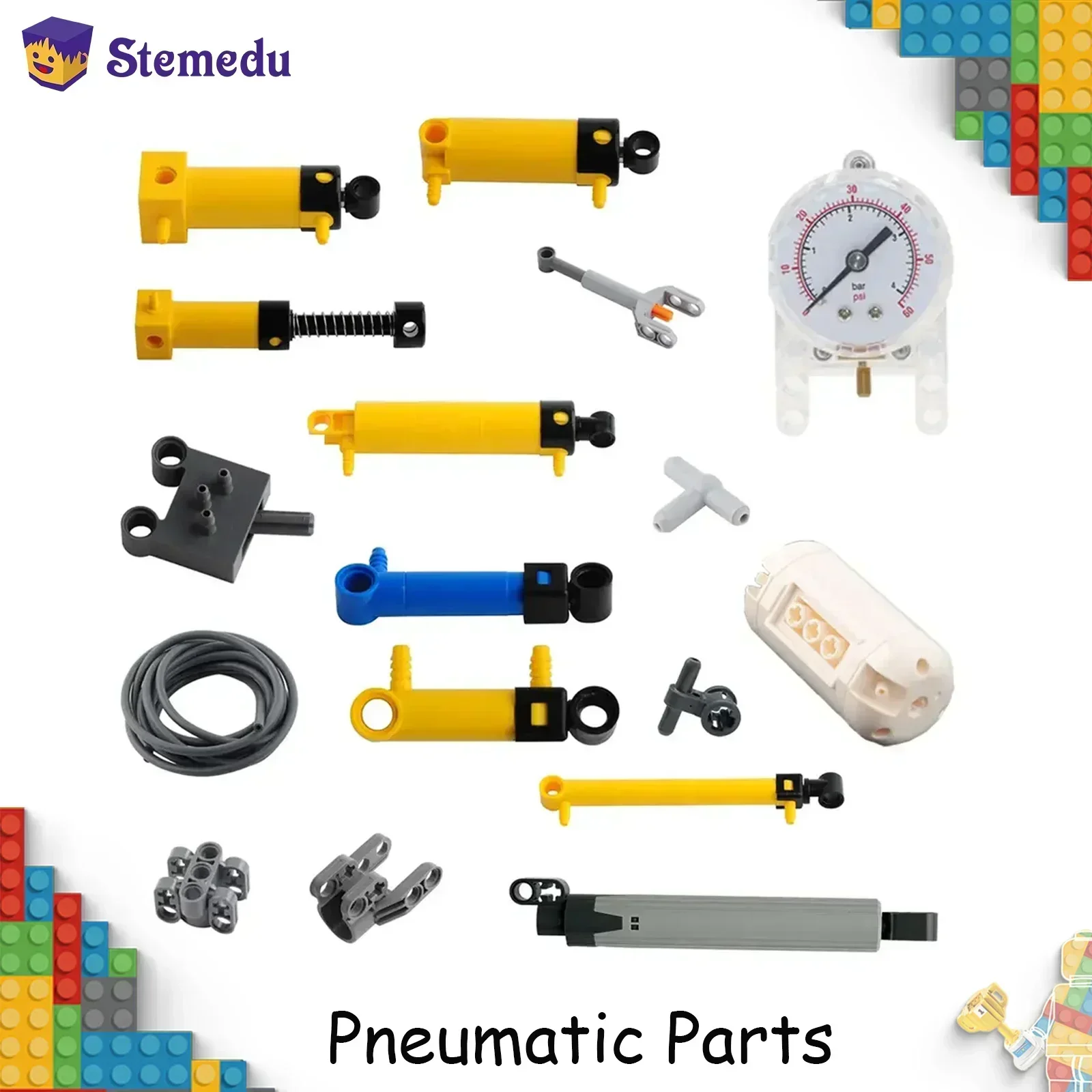 MOC Building Blocks Pneumatic Part Barometer Pump Cylinder Push Rod Switch Hose Air Tank Compatible with Leduo 42043 47225 61904