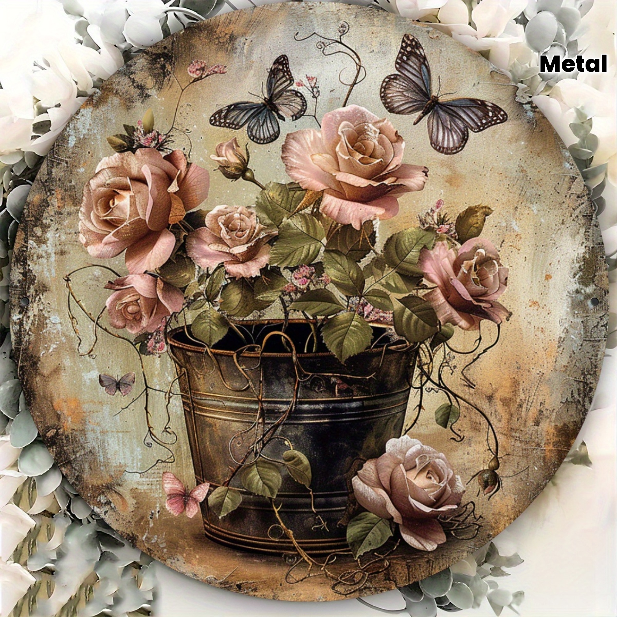 1pc Classic Vintage Floral Metal Wall Art, 8x8inch Aluminum Sign, Multipurpose Indoor/Outdoor Decor, No Electricity Needed, Easy