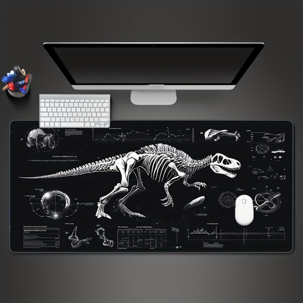 XXL Dinosaur Tech Gaming Desk Mat | Black White Skeleton Non-Slip Rubber Extended Pad for PC Office Gamers