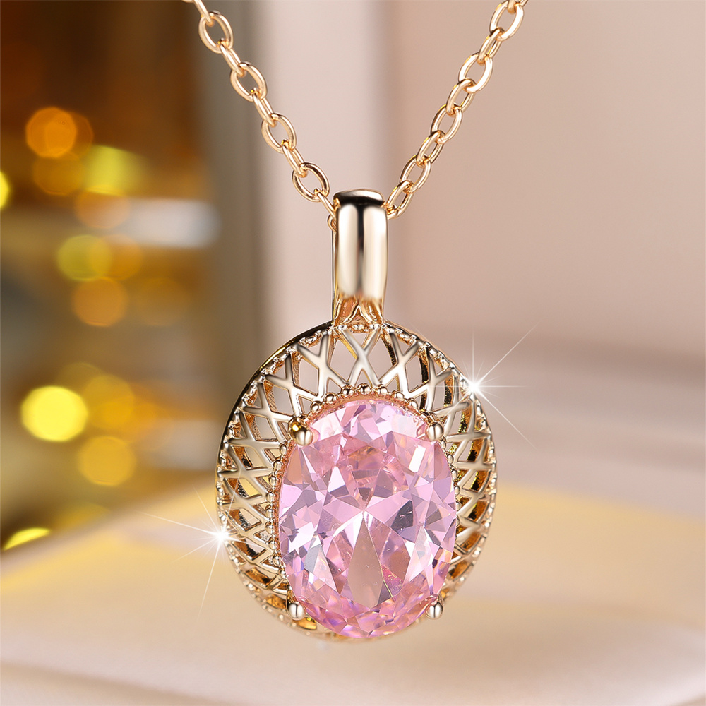 Elegant Pink Crystal Pendant Big Oval Stone Zircon Necklaces for Women Vintage Gold Color Chain Necklace Wedding Jewelry s