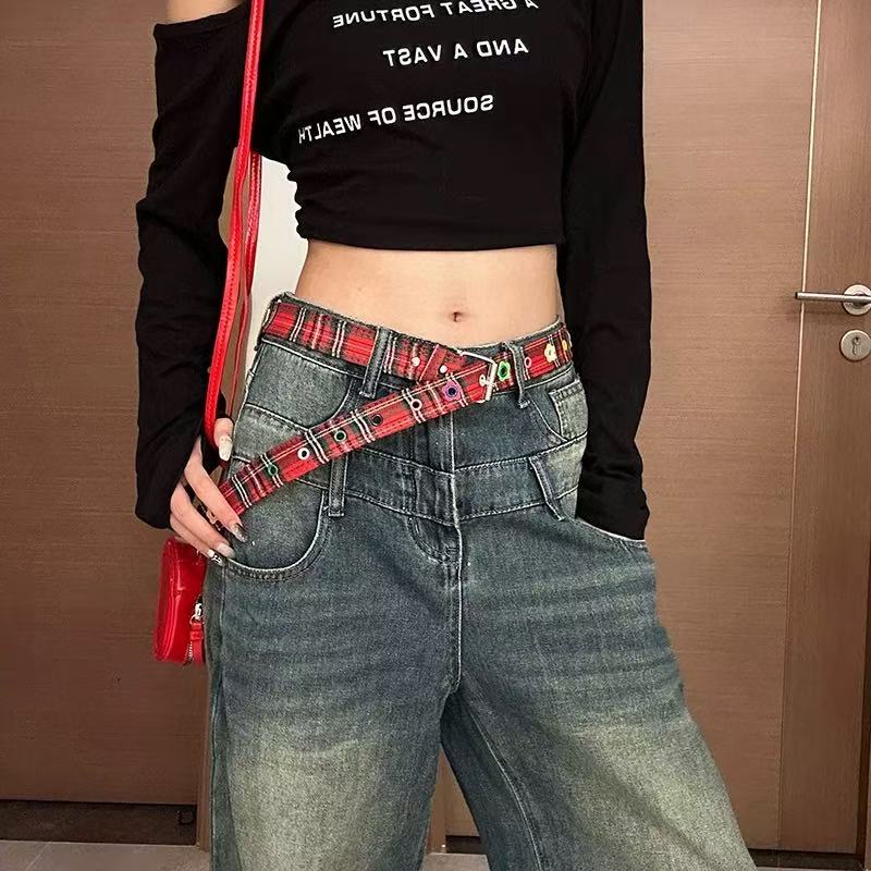 Y2K Cute Flower Canvas Belt, Female Spicy Girl Street Versatile Belt, Fashionable Retro Student Jeans, Trendy